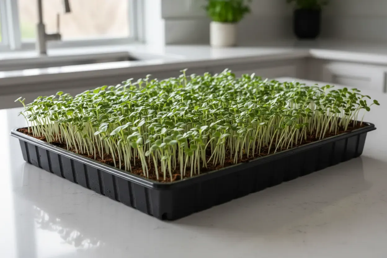 A live tray of microgreens growing in coco coir on a kitchen counter